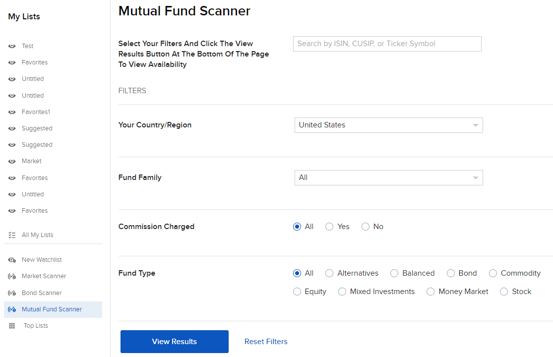 Image of the mutual fund scanner panel in Portal. 